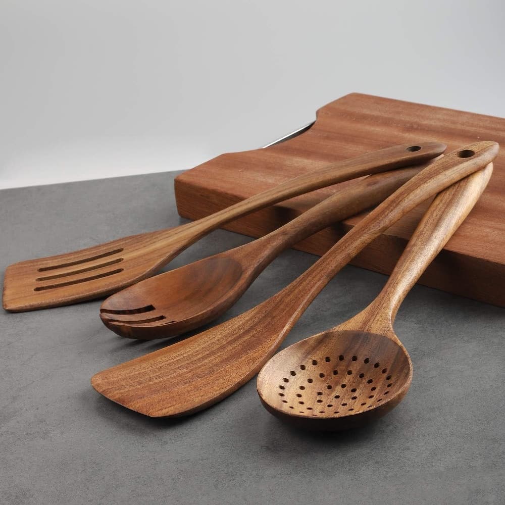 Kitchen Utensils Wooden Cooking Utensils Set 4 Pieces Spatula Slotted Spoon Strainer Spoon Salad Fork