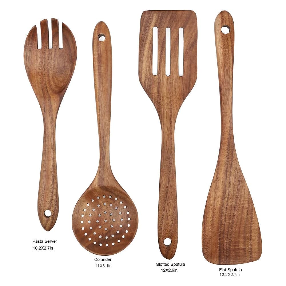Kitchen Utensils Wooden Cooking Utensils Set 4 Pieces Spatula Slotted Spoon Strainer Spoon Salad Fork