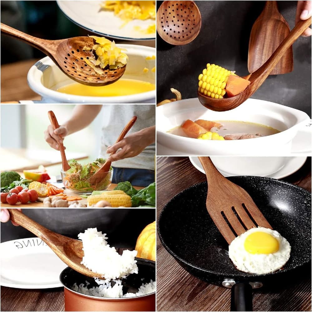 Wooden Cooking Utensils Set 6 Pcs Slotted spatula Flat spatula Colander Fired shovel Stirring spoon Salad Fork